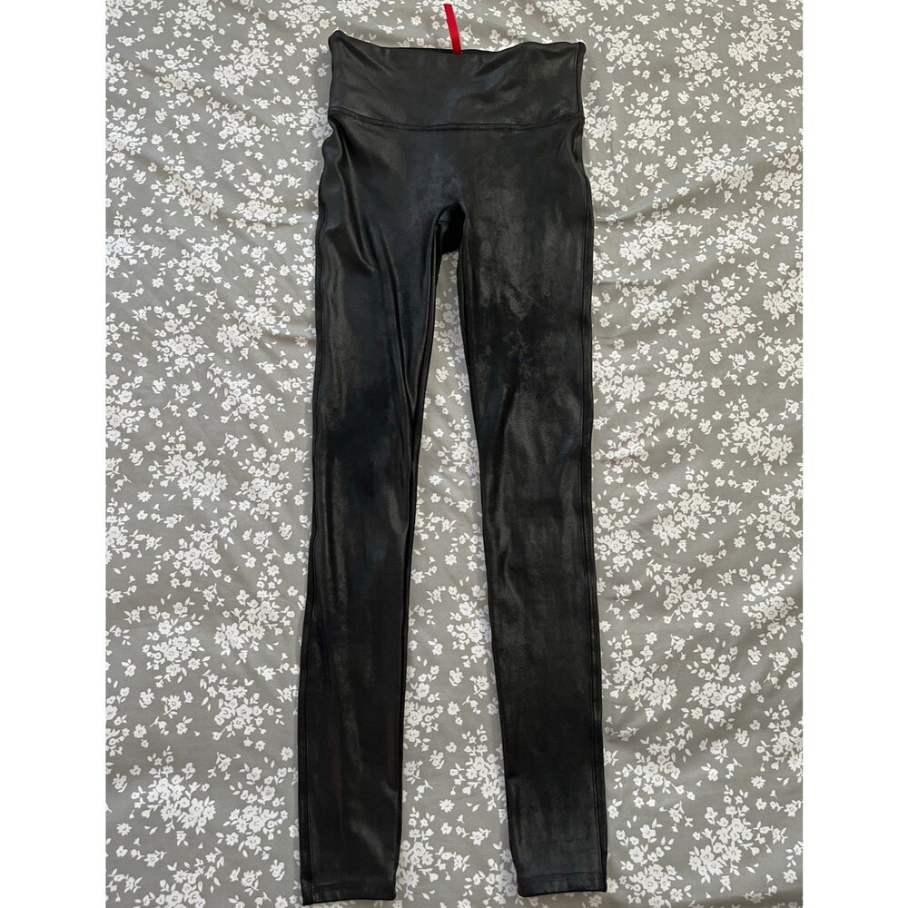 SPANX Black Faux Leather High Rise Ankle Leggings Stretch Elastic Waist Small